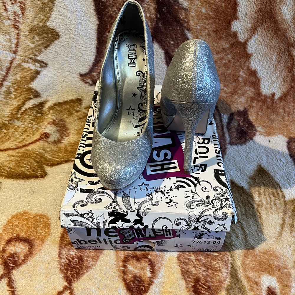 Brash “Cosmic” Silver Sparkle Platform Heels